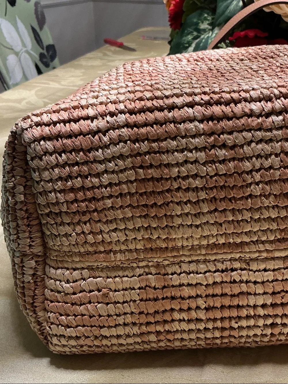 COACH Woven Raffia Tote in Natural Tan and Cream with Leather Trim